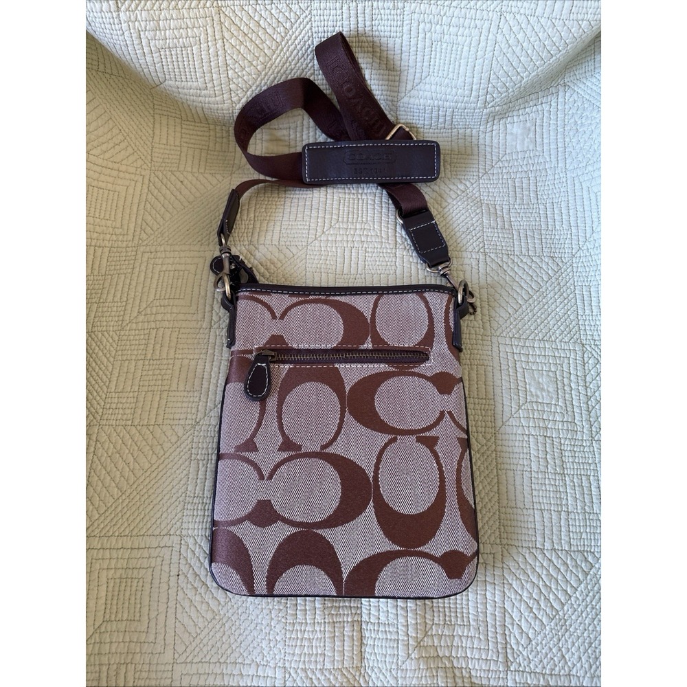 Coach Signature Jacquard Small Crossbody Bag Brown Leather 9x7.5 Adjustable